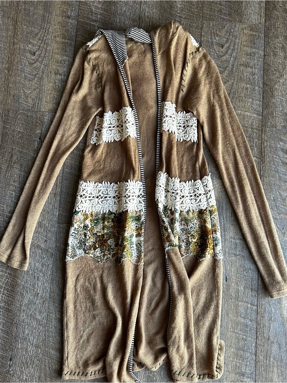 gimmicks by BKE Camel Cardigan with White Lace & Floral Trim